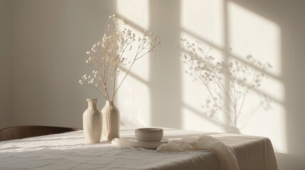 Minimalist Vases with Gypsophila in Sunlight