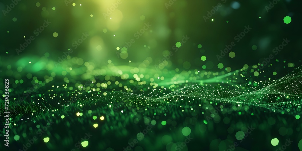 Poster sparkling green bokeh lights overlay on a dark background. abstract nature pattern. digital backdrop