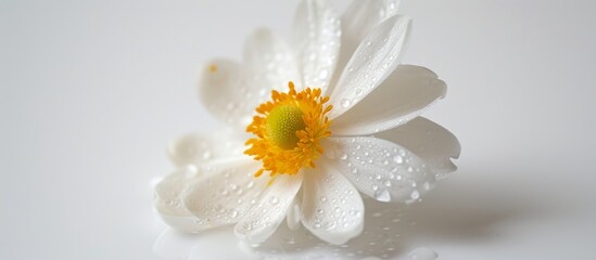 Obraz premium There is a white flower with a yellow center on a white background, photographed.