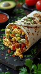 Breakfast burrito with eggs and fresh vegetables on a black table