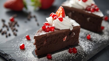 a piece of chocolate cake covered with whipped cream and garnished with red strawberries