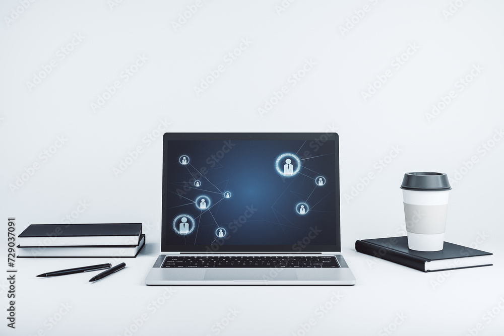 Aufkleber Modern computer display with social network icons concept. Networking concept. 3D Rendering