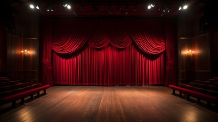 Dramatic red velvet curtains pulled back on an antique stage, with footlights casting a nostalgic glow in an empty auditorium - obrazy, fototapety, plakaty