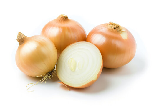Close up shot of few white onions with shadows on white background