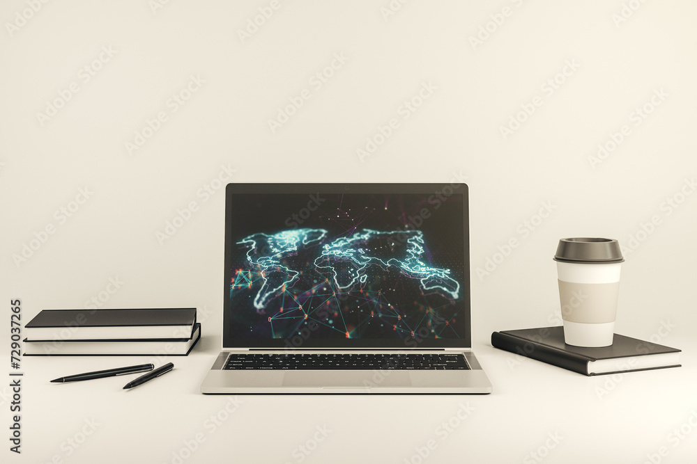 Poster abstract creative digital world map on modern laptop monitor, tourism and traveling concept. 3d rend