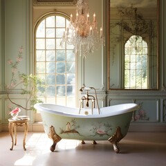 a fairytale-inspired bathroom with enchanting details. Picture a clawfoot bathtub, ornate mirrors, and soft drapery.