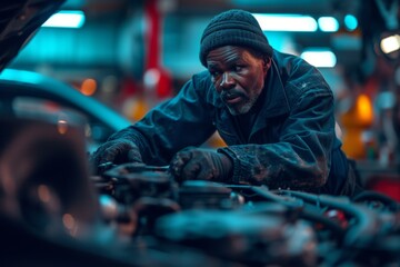 A skilled mechanic attentively fixes a car engine in a well-lit garage