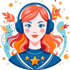 Young beautiful girl with headphones on her ears and various graphic elements around