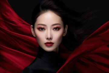 Portrait of beautiful asian woman with red silk cloth on dark background.