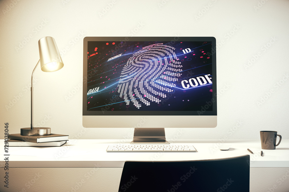 Poster Abstract creative fingerprint concept on modern laptop screen. 3D Rendering