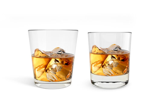 Elegant whiskey glass with ice cubes, transparent background