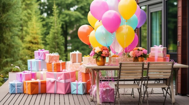 Colorful birthday party decorations with ribbons and bright balloons