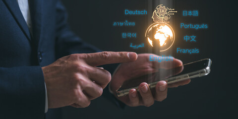 Automatic translation system concept, Translator app. businessman use smartphone  for artificial...