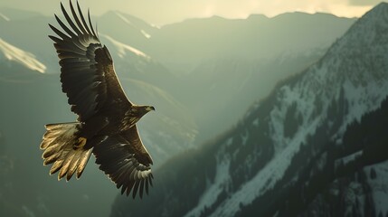 Majestic eagle soaring high above snowy mountain peaks. nature's splendor captured. perfect for wildlife themes. serene and powerful. AI