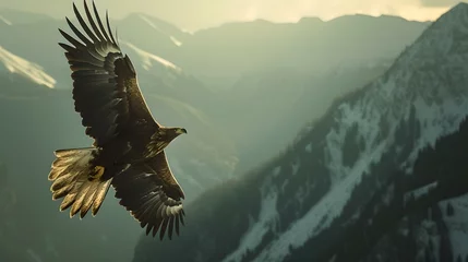 Foto auf Acrylglas Majestic eagle soaring high above snowy mountain peaks. nature's splendor captured. perfect for wildlife themes. serene and powerful. AI © Irina Ukrainets