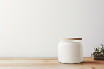 Fototapeta na wymiar Cosmetic container on the wooden table with wooden lid. A cream jar filled with white cream. Suitable for mockup. With blank space. Generative AI. 