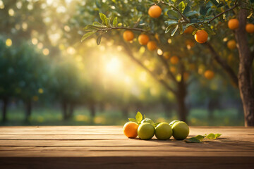 Wooden table with oranges placed on the table with a soft light shining on it, behind it is a bokeh effect of an orange grove