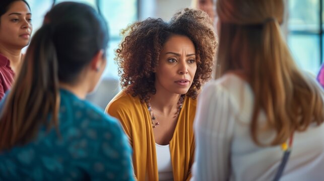 Concerned woman in a group discussion, expressing herself during a serious conversation, for themes of communication and support,Great for content related to group therapy, community support groups