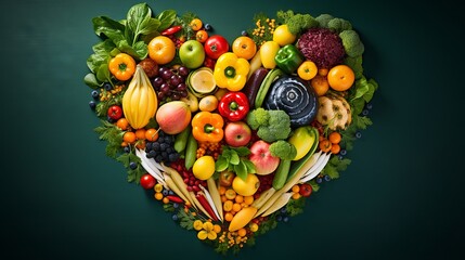 Heart made of vibrant, floating organic veggies and fruits, against a tranquil azure backdrop