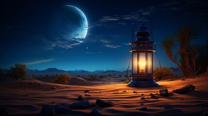 Traditional lantern glowing softly under a crescent moon in the desert - obrazy, fototapety, plakaty