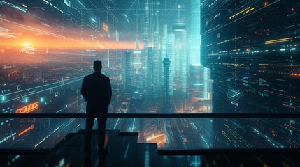 Man overlooking a futuristic cityscape, innovation, forward-thinking, and business strategy in a digital world,Ideal for tech company branding, futuristic urban planning concepts, digital economy