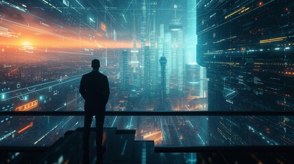 Fototapeta premium Man overlooking a futuristic cityscape, innovation, forward-thinking, and business strategy in a digital world,Ideal for tech company branding, futuristic urban planning concepts, digital economy