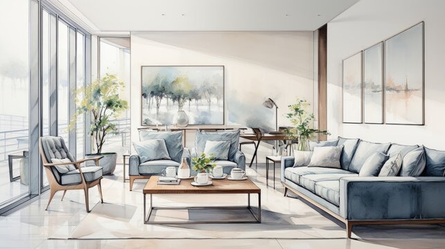 Stylish modern interior, lounge scene in a watercolor depiction, using natural and soft tones