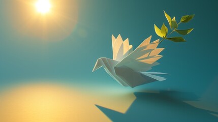 Origami bird with a leaf for wings taking flight in a serene blue sky, representing peace, creativity, and the harmony of nature,Ideal for artistic content, environmental campaigns, sustainable living