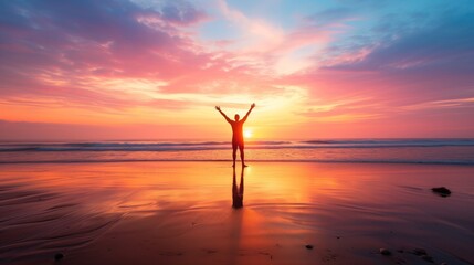 Silhouette of a person with arms raised on the beach at sunset, symbolizing freedom, joy, and the beauty of nature, travel, wellness, inspirational content, retreats and personal growth seminars