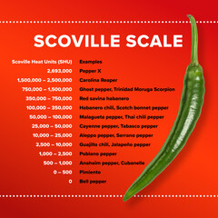 Table with Scoville scale for most popular chili peppers. Scoville Heat Units, SHU, measurement of...