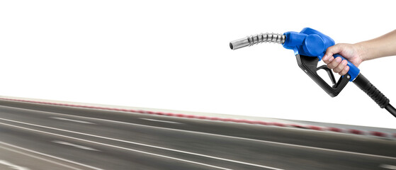 Hands holding a fuel nozzle and the blur the street, transparent background