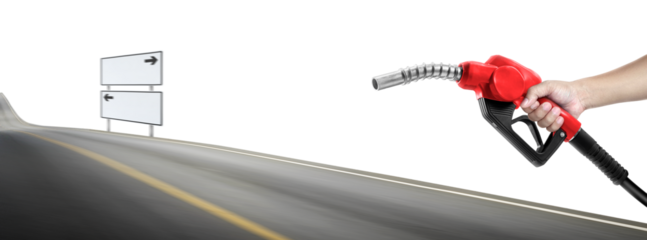 Hands holding a fuel nozzle and the blur the street, transparent background