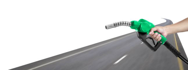 Hands holding a fuel nozzle and the blur the street, transparent background