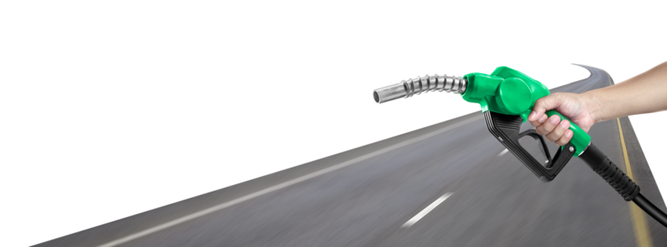 Hands holding a fuel nozzle and the blur the street, transparent background