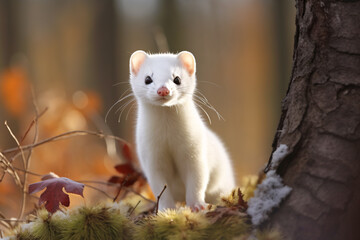 Curious white wild weasel in forest