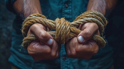 Men's rope hands. using force to hold. Limitations on personal autonomy - obrazy, fototapety, plakaty