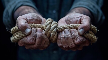 Men's rope hands. using force to hold. Limitations on personal autonomy - obrazy, fototapety, plakaty