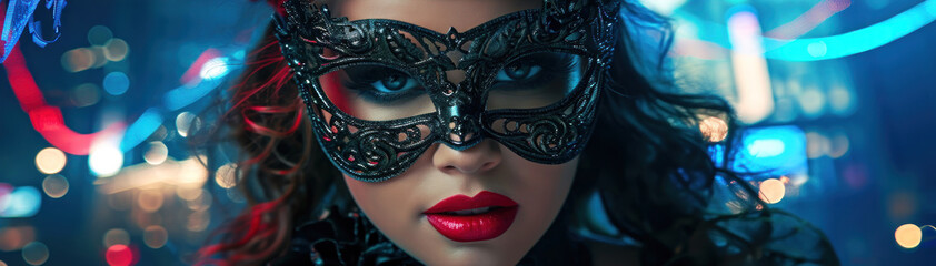 Beautiful young woman in carnival mask over night city background. Banner.