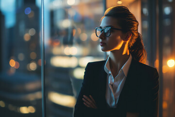 A stylish woman in a tailored suit and glasses gazes out the window, exuding confidence and sophistication amidst the bustling city streets - obrazy, fototapety, plakaty