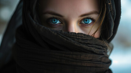 An enigmatic woman, her piercing blue eyes and concealed face framed by a scarf, gazes out into the world with a sense of mystery and allure