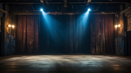Backstage theater with vintage spotlights, deep blue curtains, and a wooden stage floor - obrazy, fototapety, plakaty