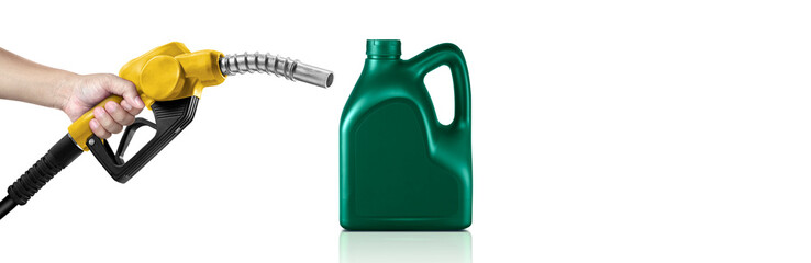 Hands holding Fuel nozzle and bottle of engine oil, transparent background