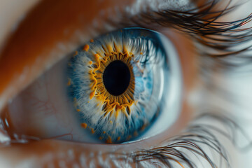 A striking blue eye, with vibrant yellow irises framed by delicate eyelashes, capturing the essence of this complex and mesmerizing organ