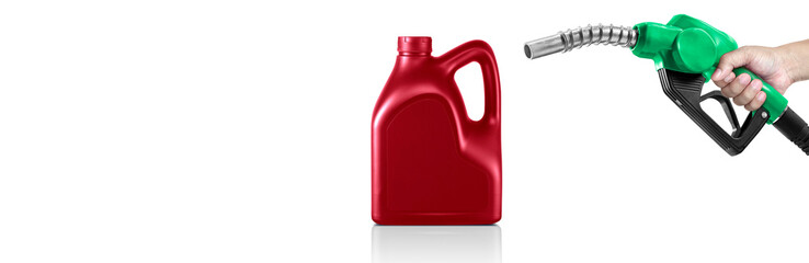 Hands holding Fuel nozzle and bottle of engine oil, transparent background