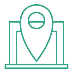 Outline small warehouse icon with map marker isolated on white background. Part of supply chain. Boxes. Location pin.