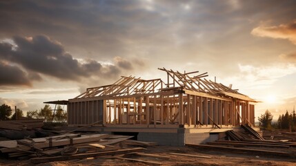Emerging structure of a house mid-construction against a cloudy sky - obrazy, fototapety, plakaty