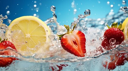 Summer refreshment with lemon, strawberry, and cool ice cubes