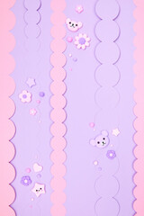 Trendy pastel purple kawaii banner background design template with cute air plasticine handmade cartoon animals, flowers, stars pattern. Top view, flat lay, copy space. Candycore, fairycore