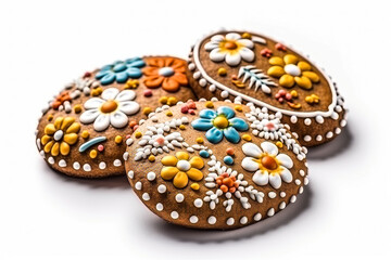 Beautiful Easter gingerbread with icing on white background, Easter cookies