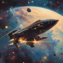 Create illustrations showing interstellar travel in a state-of-the-art spaceship. With a beautiful...